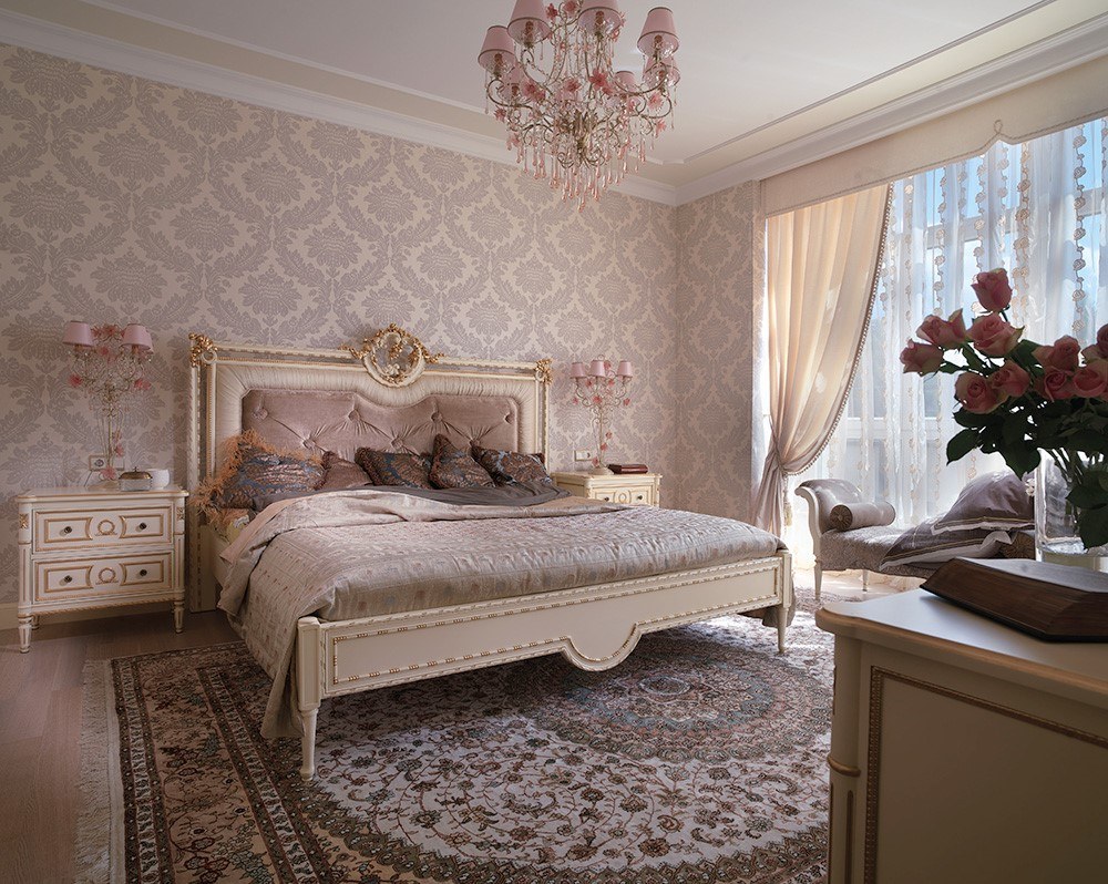 غرفة نوم من الطراز الإيطالي الفاخر تلاحظ جودة وتفاصيل رائعة وتوازن مثالي في الجمال والحرفية وبراعة في الدقة والترتيب