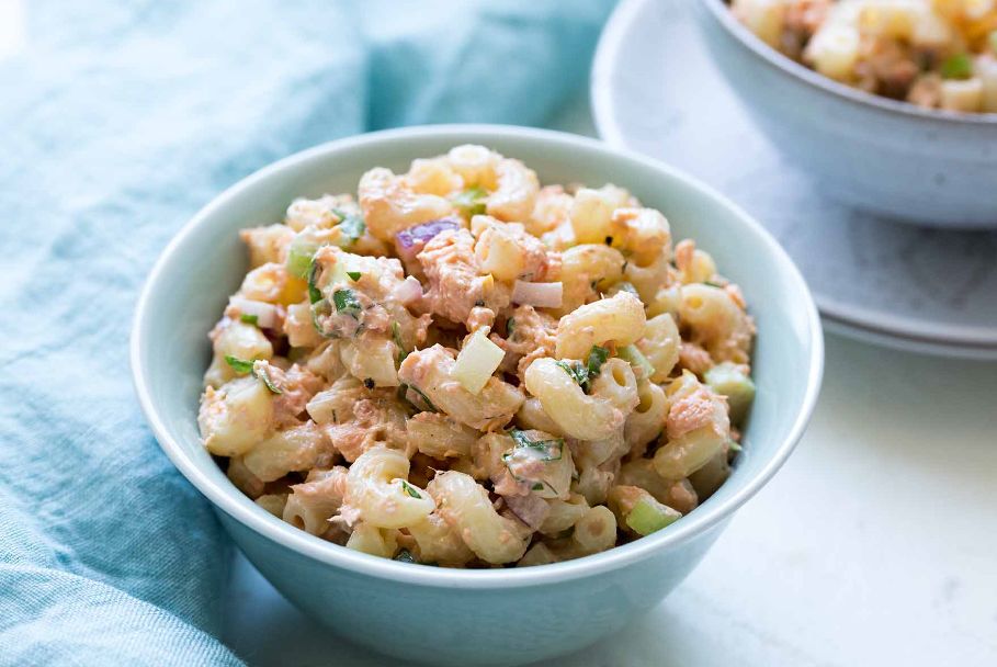Pasta salad with mayonnaise and chicken