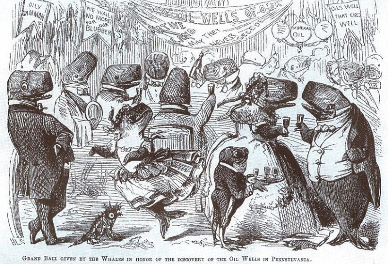 صورة تظهر حيتان العنبر تحتفل باكتشاف آبار النفط - مجلت فانتي فير عدد أبريل عام 1861
