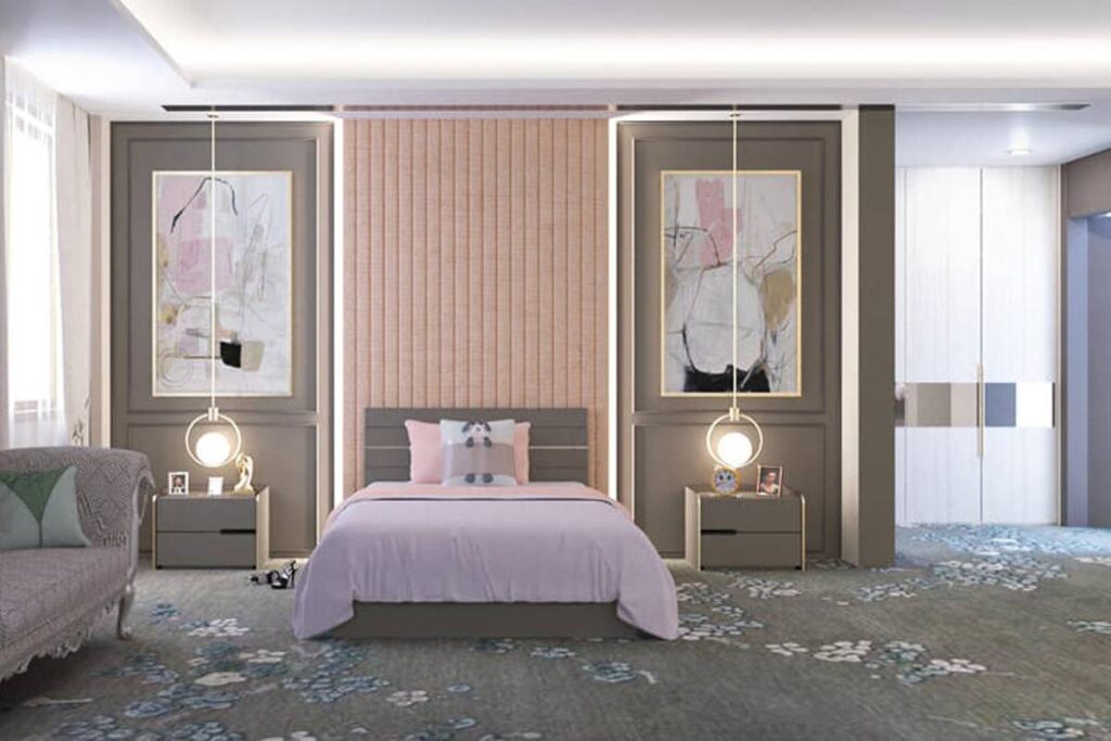 Light gray with pink bedroom 